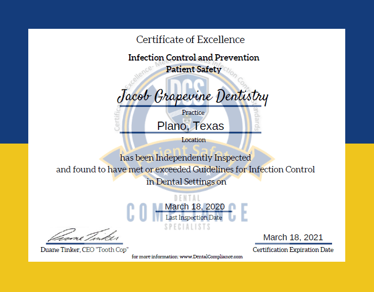 Infection Control Certificate Jacob Grapevine Dentistry